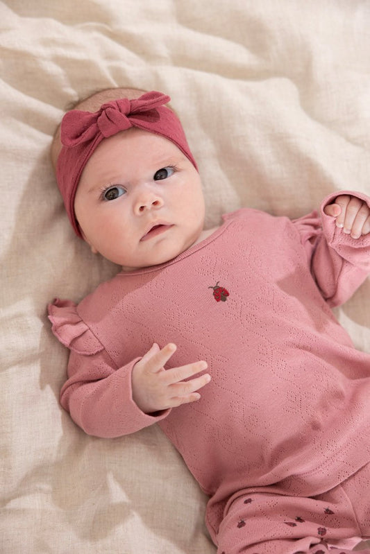 Baby meisje draagt FEETJE Ladybug haarband roze - babykleding accessoire