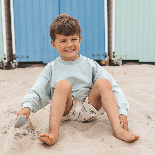 Jongen draagt YOUR WISHES oceaanblauwe sweater - casual kinderkleding