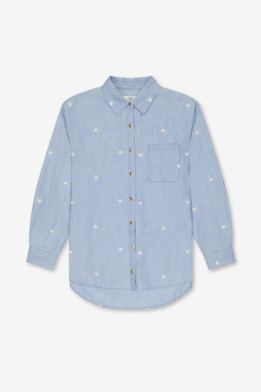 Le Temps des Cerises blauw hemd voor meisjes met hartjesprint - voorkant