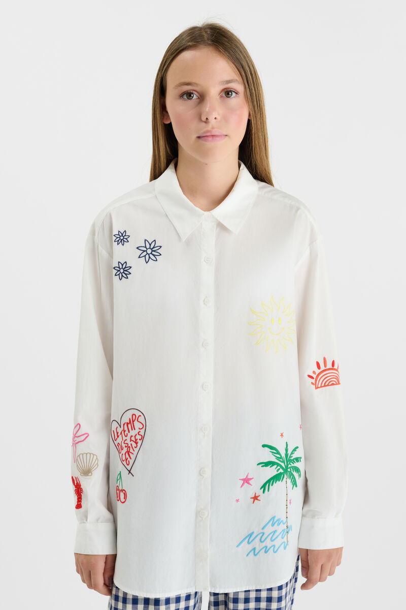 LE TEMPS DES CERISES Wit Geborduurd Hemd voor Meisjes - voorkant