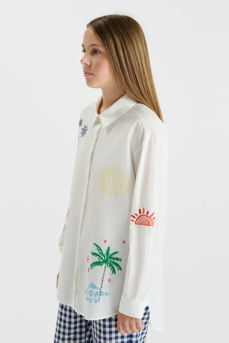 LE TEMPS DES CERISES Wit Geborduurd Hemd voor Meisjes - zijkant