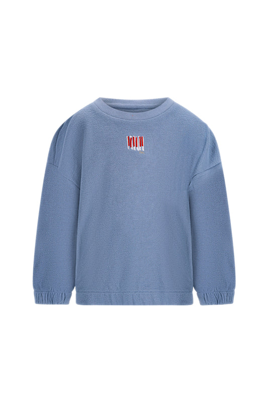 The New Chapter Bobbie sweater jongens blauw met Giant Steps backprint - voorkant