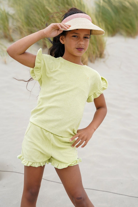 Like Flo Badstof T-shirt met Ruffle - Groen  voorkant gestyled met matching short