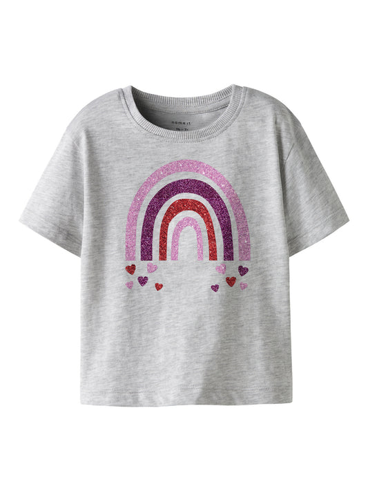 NAME IT T-shirt BELLINA Grey Melange - Meisjes Glitter Regenboog - voorkant