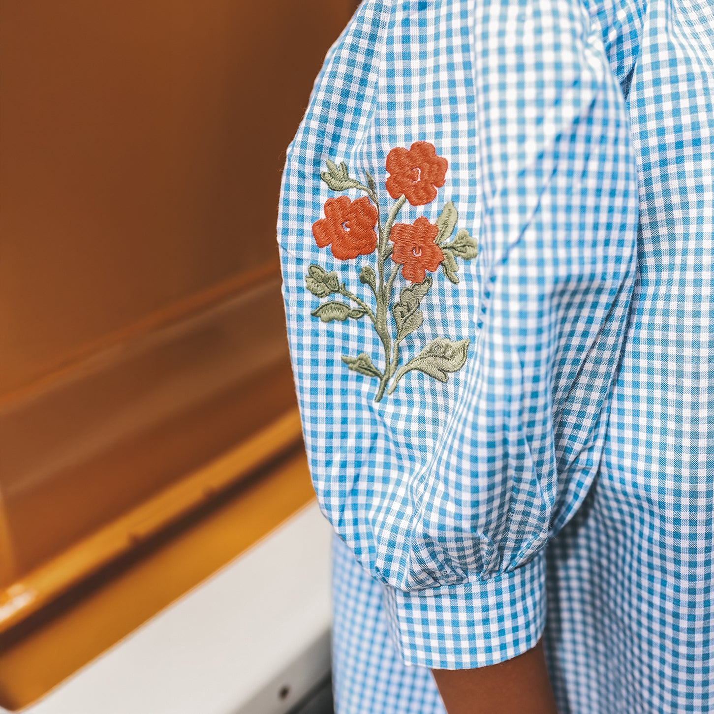 YOUR WISHES Vichy Blue Puff Sleeve Dress - detail